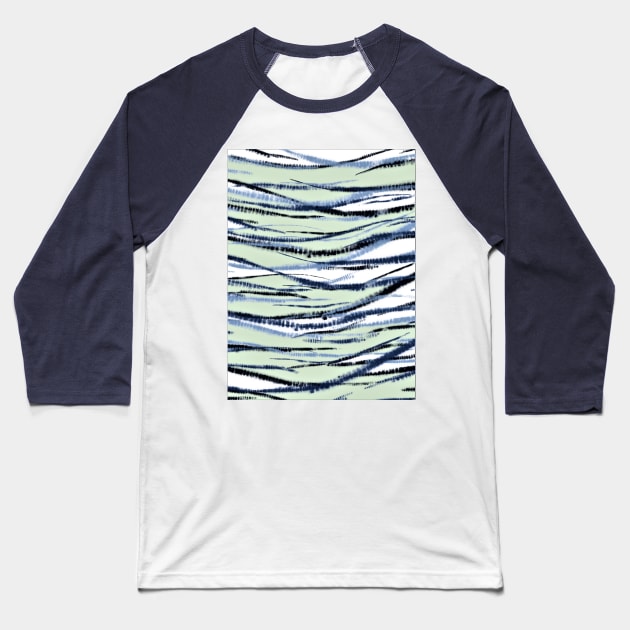 Shibori Blue Green Waves Baseball T-Shirt by Minxylynx4